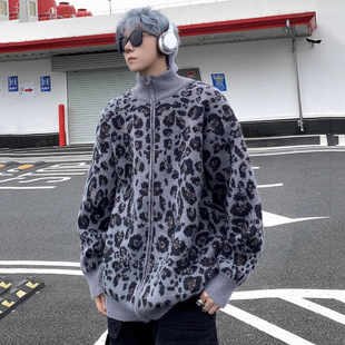 American Style Trendy Brand Leopard Print Cardigan Sweater Men's cleanfit Retro Knitted Sweater Loose Casual Lazy Sweater Jacket