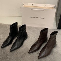 复古棕色坡跟内增高瘦瘦靴2025年女春秋新款气质法式尖头显瘦短靴
