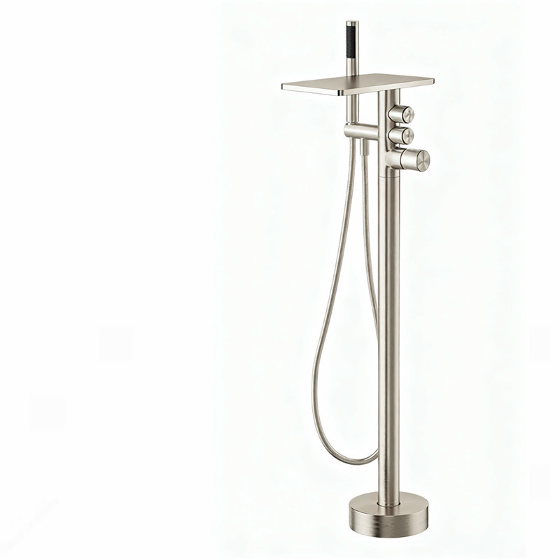Factory Direct Floor-Standing Mixed Button-Type Single Bathtub Hot and Cold Faucet Waterfall Pre-Embedded Faucet Large Flow Brushed Silver