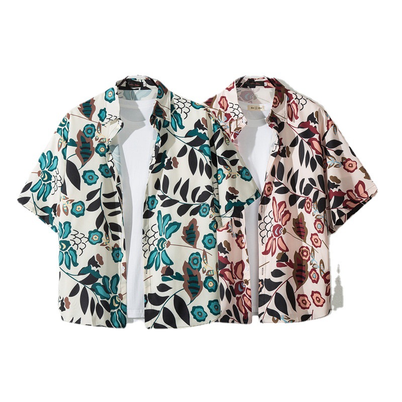 Hainan Island Beach Men's Set Sanya Travel Hawaiian Plus Size Floral Loose Short Sleeve Quick-Dry Shirt_voghion.com