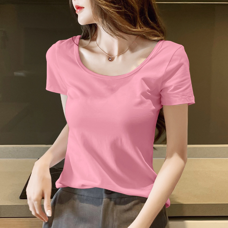 Pink U-Neck T-Shirt for Women, Summer Short-Sleeve 2026 New Style, Regular Shoulder, Sexy, Age-Reducing, Low-Neck Half-Sleeve Top