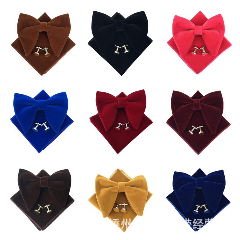 Men's gold velvet single fold bow tie pocket towel cufflinks three-piece black red cross-border AliExpress Amazon