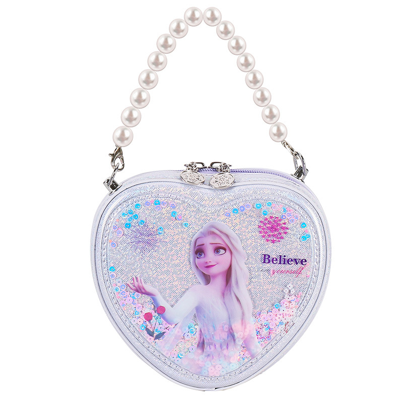 Bolso de Princesa para Niñas 2022, Bolso de Mano de PU con Perlas de Moda, Bolso Bandolera con Forma de Corazón de Frozen