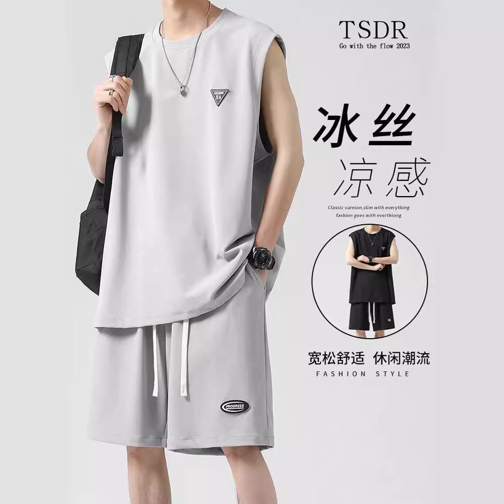 NASA Same Style Ice Silk Sleeveless T-Shirt Men's Summer Leisure Sports Running Quick-drying Vest Shorts Basketball Suit T