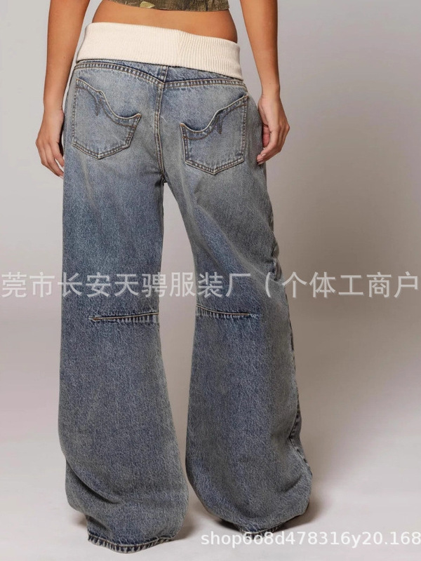 春秋季新款跨境亚马逊欧美风牛仔裤女装高腰阔腿宽松休闲直筒长裤|undefined