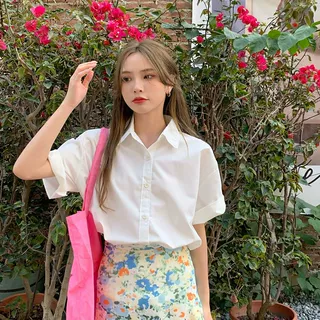 纯色短袖衬衫女春夏薄款港风复古衬衣设计感小众气质宽松百搭上衣