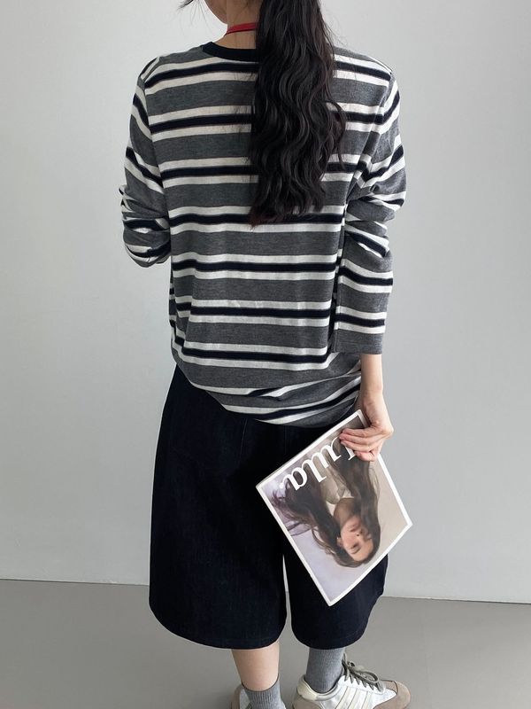 那末韩系宽松慵懒风条纹t恤女6羊毛圆领百搭撞色针织衫上衣D6136|undefined