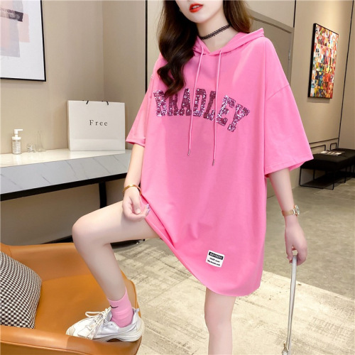 Women's Long-Sleeve T-Shirt with Butt Coverage, Summer Glitter Letter Youthful Style, 2025 Thin Model, Hooded Top for Women