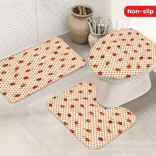 Temu Amazon Red Rose Printed Bathroom Toilet Three-Piece Set Soft Non-Slip Bathroom Floor Mat Toilet Seat Cushion