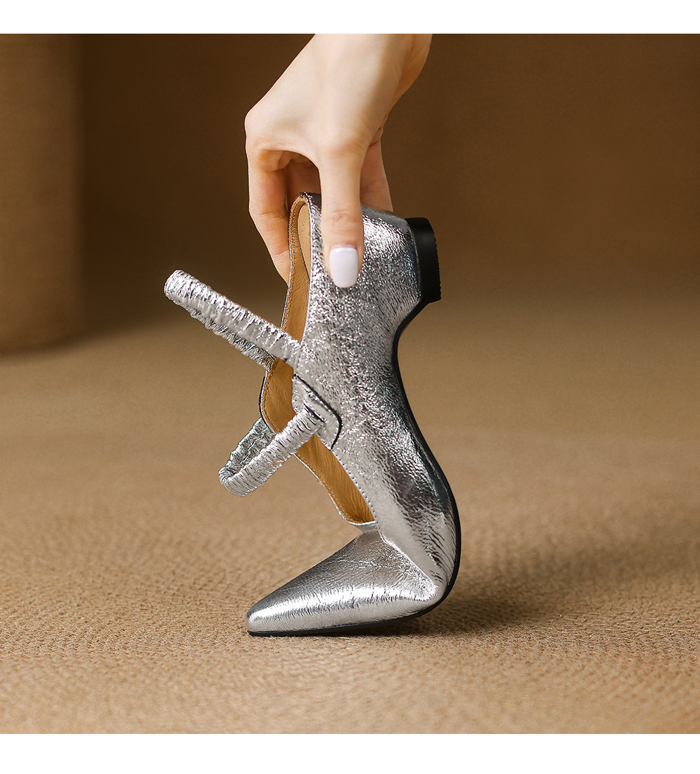 Sandal cao gót nữ mũi nhọn bít mũi da cừu kiểu Pháp, gót cao 9 cm — Màu vàng chi tiết 15