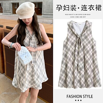 Maternity Short Dress, Great Navigator Style, Korean Navy Collar Dress, Retro Plaid, Elegant Slim-Fit Suspender Dress for Summer Maternity Short Dress, Great Navigator Style, Korean Navy Collar Dress, Retro Plaid, Elegant Slim-Fit Suspender Dress for Summer