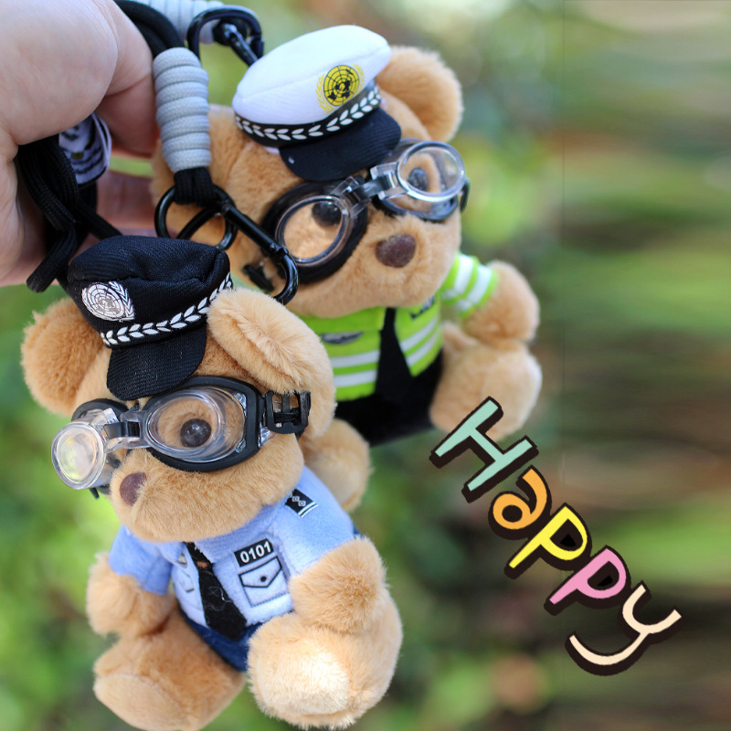 Policía bombero oso muñeca celebridad de Internet caballo de hierro muñeca coche de peluche policía de tránsito colgante oso de peluche llavero lindo