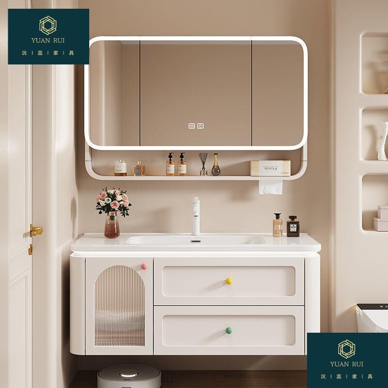 New Smart Solid Wood Side Cabinet Bathroom Cabinet Combination with Integrated Ceramic Basin for Washing Hands and Face in the Bathroom New Smart Solid Wood Side Cabinet Bathroom Cabinet Combination with Integrated Ceramic Basin for Washing Hands and Face in the Bathroom