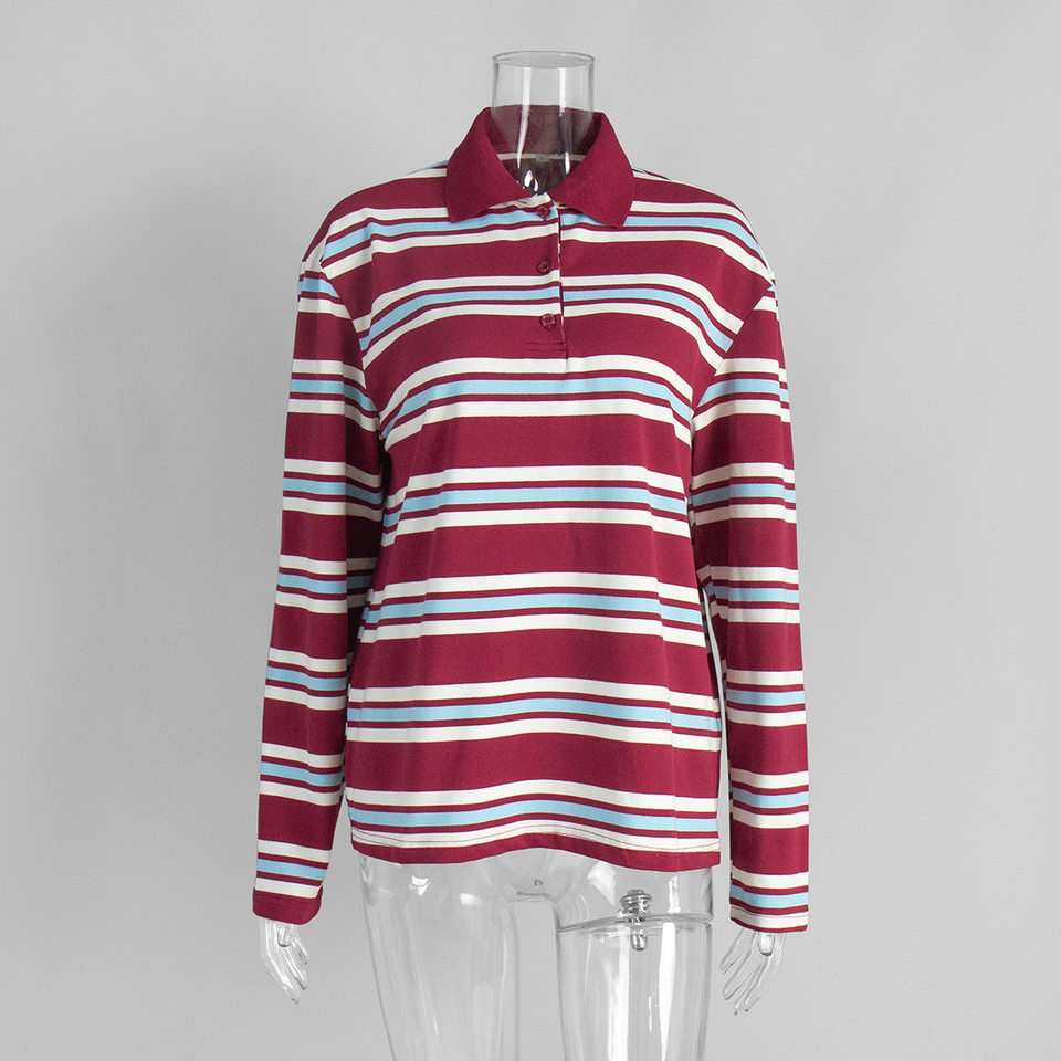 Áo thun nữ sọc dài tay cổ polo dáng rộng phong cách retro — hồng, màu nâu, nâu sẫm, quần kaki chi tiết 4