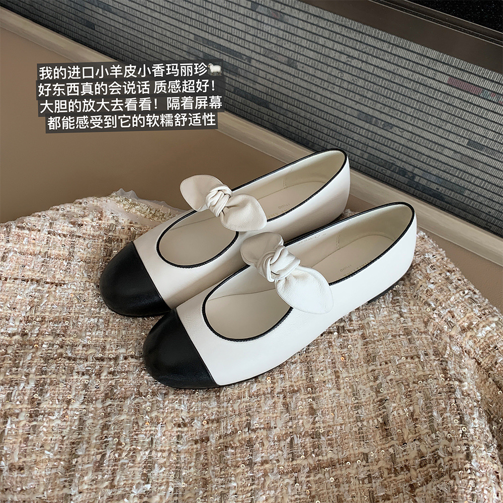 Madre de uva de piel de oveja con el estilo retrógrado francés pequeño arco fragrante zapatos mary-zhen zapatos de solos de color plano