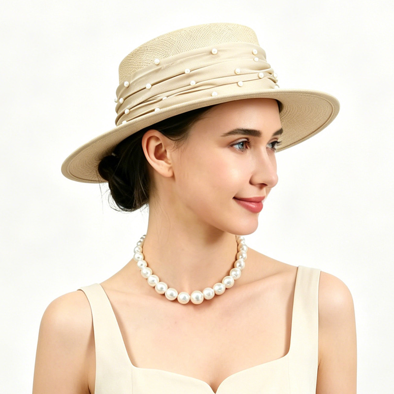 Light Luxury Hat, Philippine Linen Pearl Ribbon Flat-Top Hat for Women, Versatile for Spring and Summer, Breathable, Sun Protection, Sunshade Straw Hat