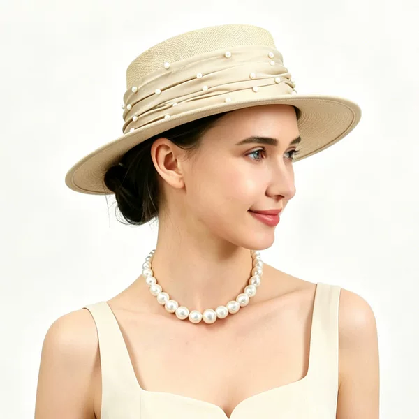 Light Luxury Hat, Philippine Linen Pearl Ribbon Flat-Top Hat for Women, Versatile for Spring and Summer, Breathable, Sun Protection, Sunshade Straw Hat