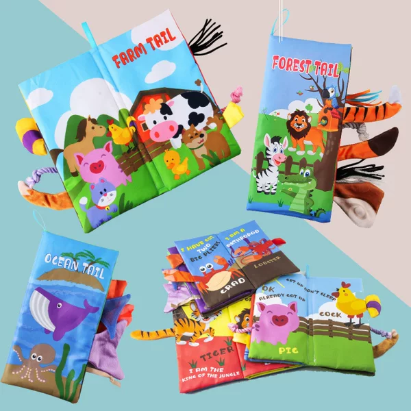 Baby Cloth Book with Fun Animal 3D Tails, English Early Education Cognitive Learning Sound Paper Tail Pop-Up Cloth Book Toy