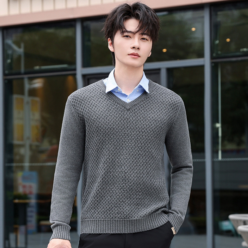 Autumn and Winter Knitted Knitwear Pullover Pure Color Jacquard Bottoming Knitwear V Neck Slim Fit Inner Trendy Men's Long-Sleeved Knitwear