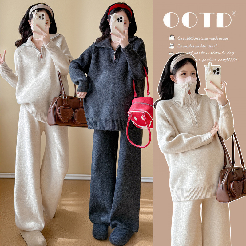 Maternity Fall/Winter Set: High-end Zipper Fashionable Collared Top, Adjustable Wide-leg Pants, Thickened Sweater Two-piece Set Maternity Fall/Winter Set: High-end Zipper Fashionable Collared Top, Adjustable Wide-leg Pants, Thickened Sweater Two-piece Set