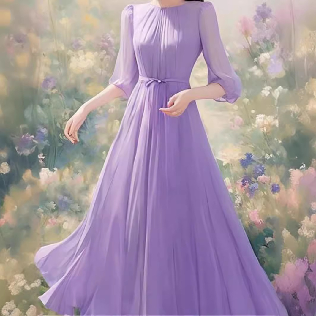 Váy liền voan tím phong cách Hepburn Pháp dáng dài thắt eo — Màu tím