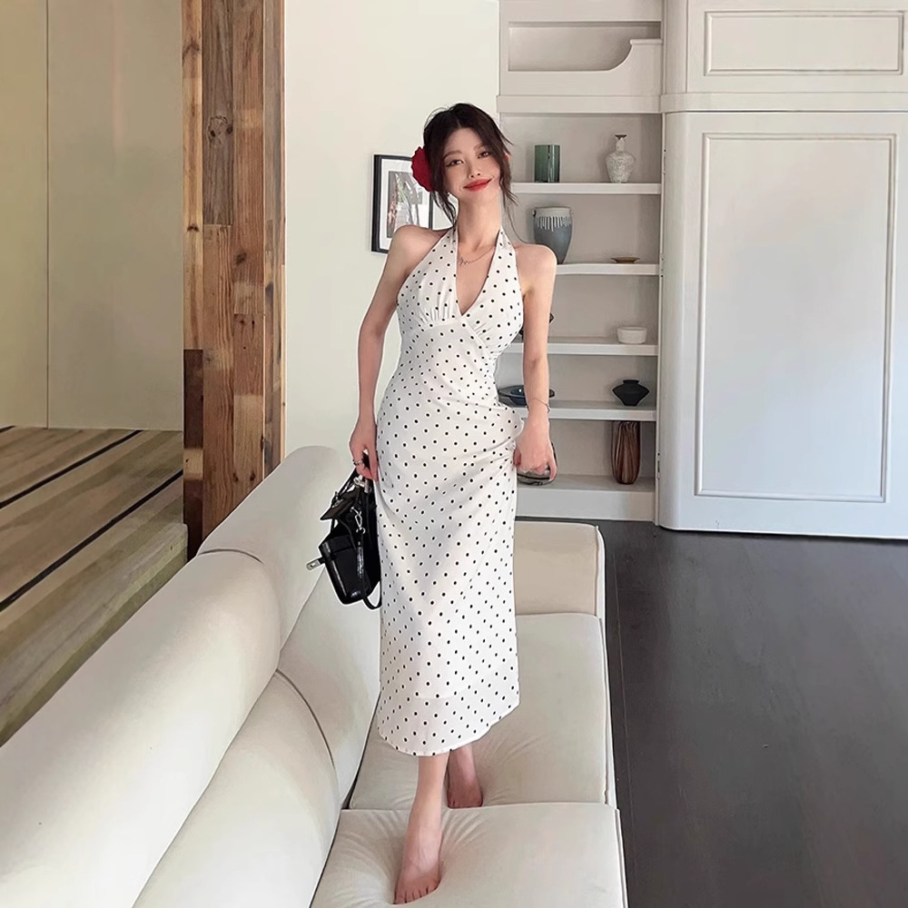 french style temperament seaside vacation style halter backless dress children 2025 new style white polka dot inner dress