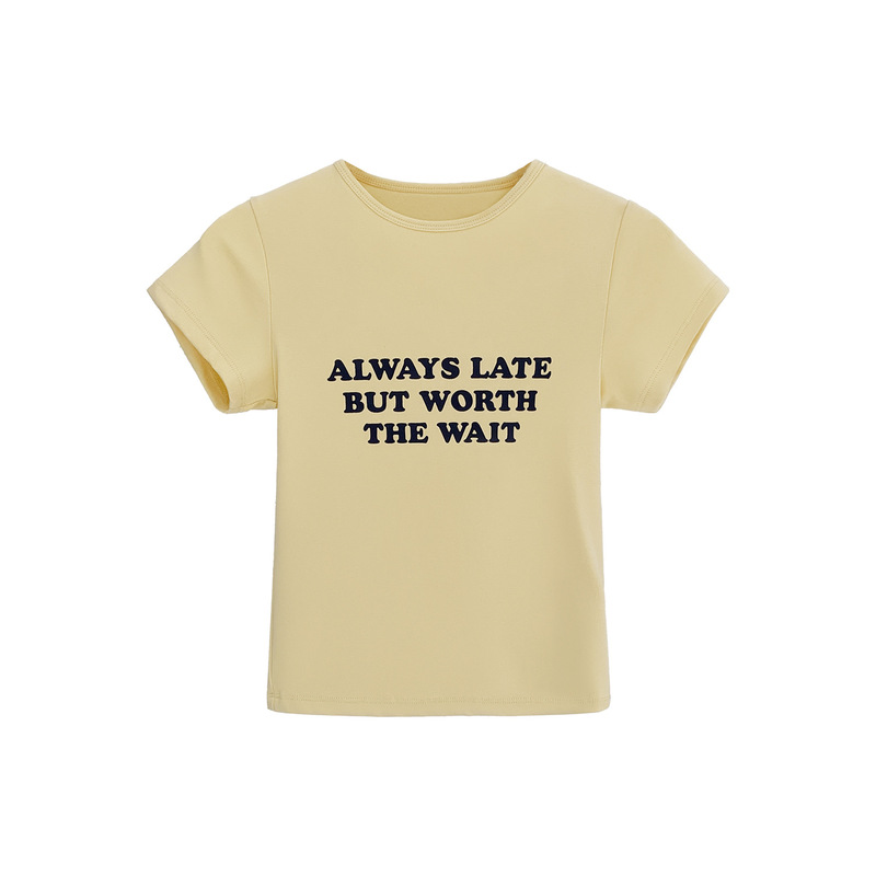 ピュアコットンテンダーイエローレタープリントショルダー半袖Tシャツレディース夏スリムウエストプリーツ韓国風ラウンドネックトップ|undefined