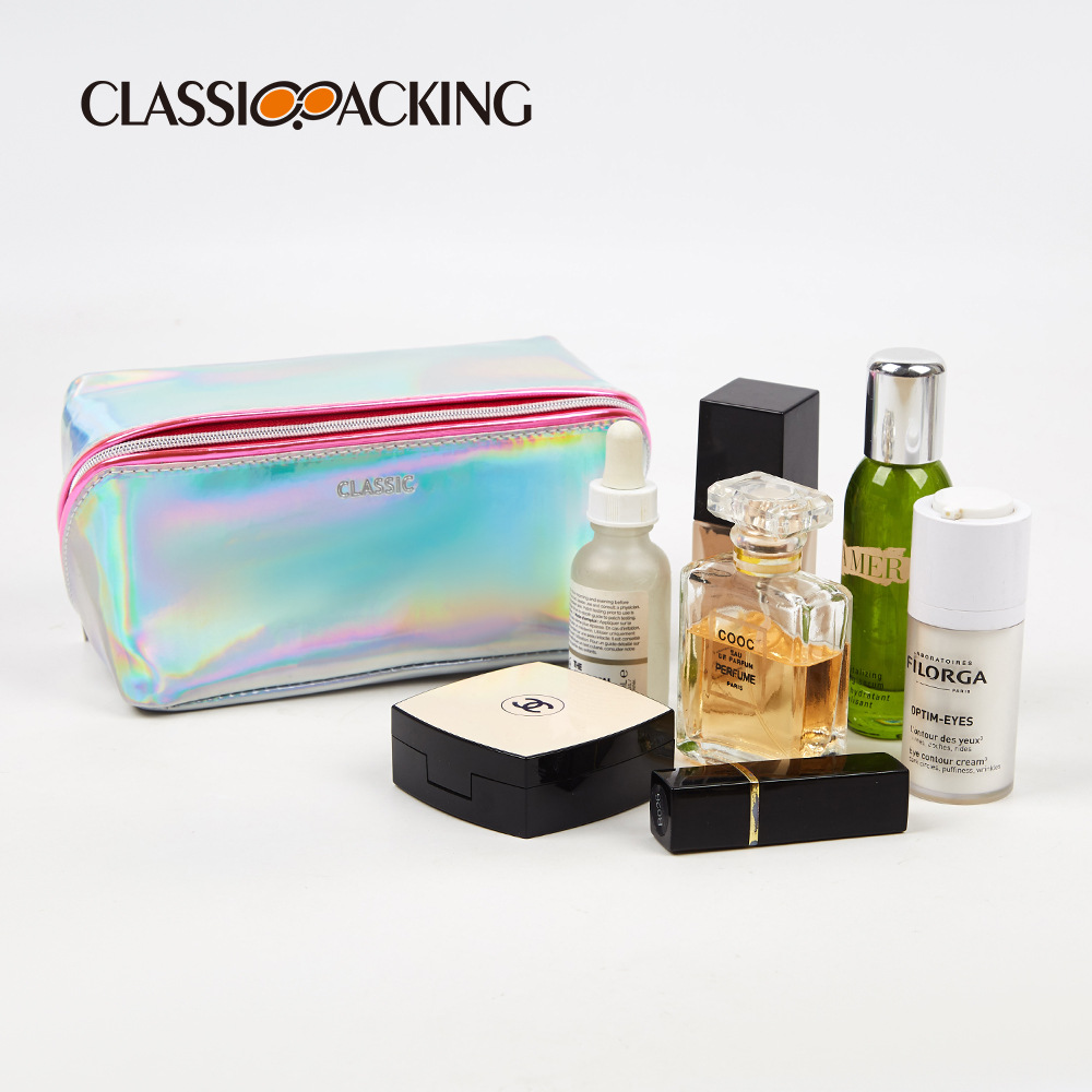 Bolsa de cosméticos ecológica de moda, bolsa de lavado de PVC colorida láser, todo fósforo, impermeable y portátil, embrague de PVC plateado deslumbrante