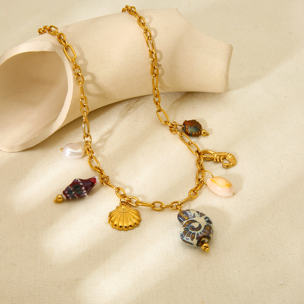 Casual, Daily Occasion 304 Stainless Steel Material Wholesale Jewelry Vintage Style Marine Style Scallop Conch Hippocampus 304 Stainless Steel Plating Cable Chain Multi Charms Necklace