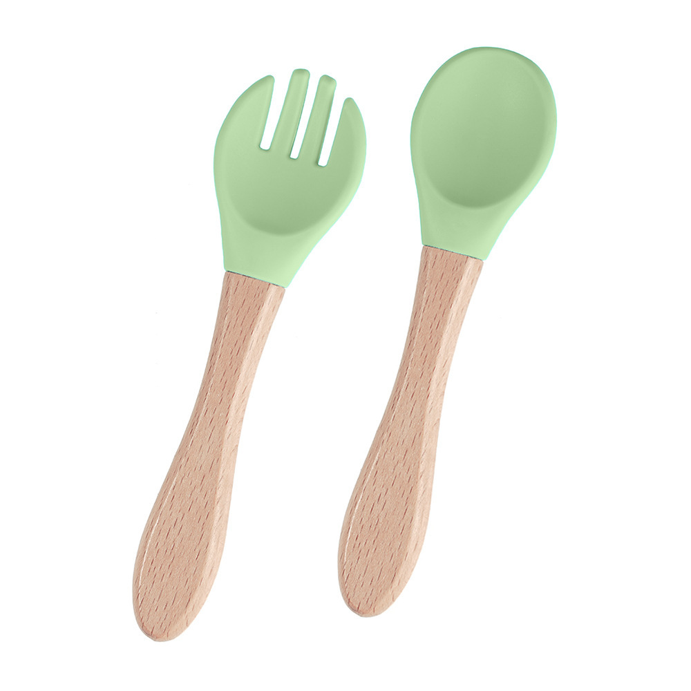 Tableware Products Dual-Purpose Wooden Handle Fork and Spoon for Eating, Food-Grade Silicone Factory Feeding Spoon, Children's Supplementary Food Feeding Spoon