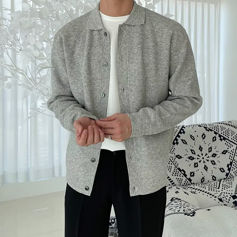 翻领针织衫男春秋新款休闲百搭宽松美式复古潮流开衫长袖毛衣外套|undefined