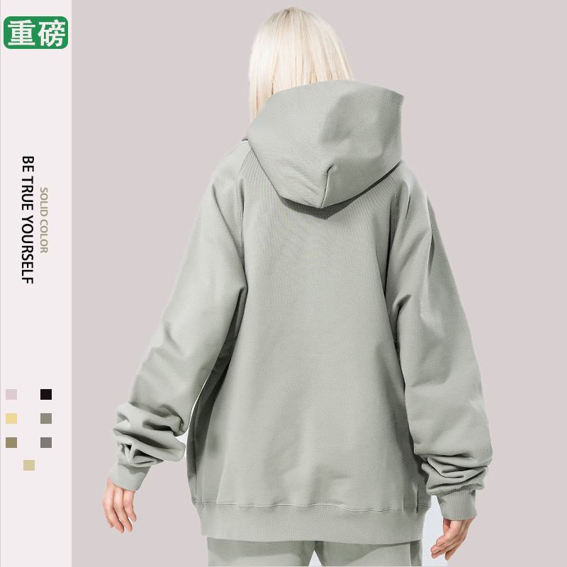 Transmisión en vivo 460g suéter con capucha pesado suéter de pareja color sólido suelto sudadera con capucha de marca de moda americana suéter de tendencia de gran tamaño