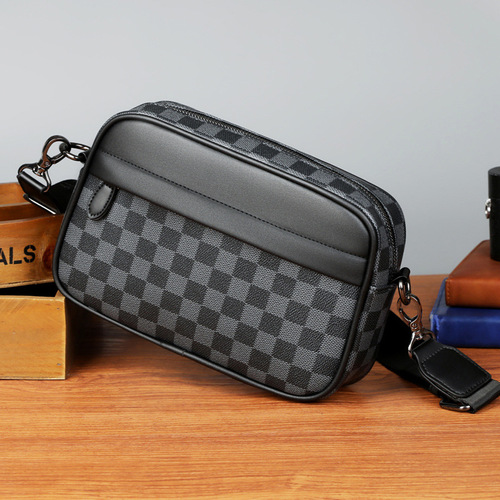 Factory Fashion Trend Men's Single Shoulder Crossbody Bag Black Grid Small Bag Casual Men's Bag Small Square Bag