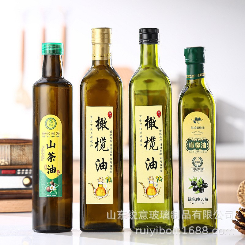 厂家批发墨绿色橄榄油瓶茶色圆亚麻籽油瓶山茶油瓶 透明玻璃分装