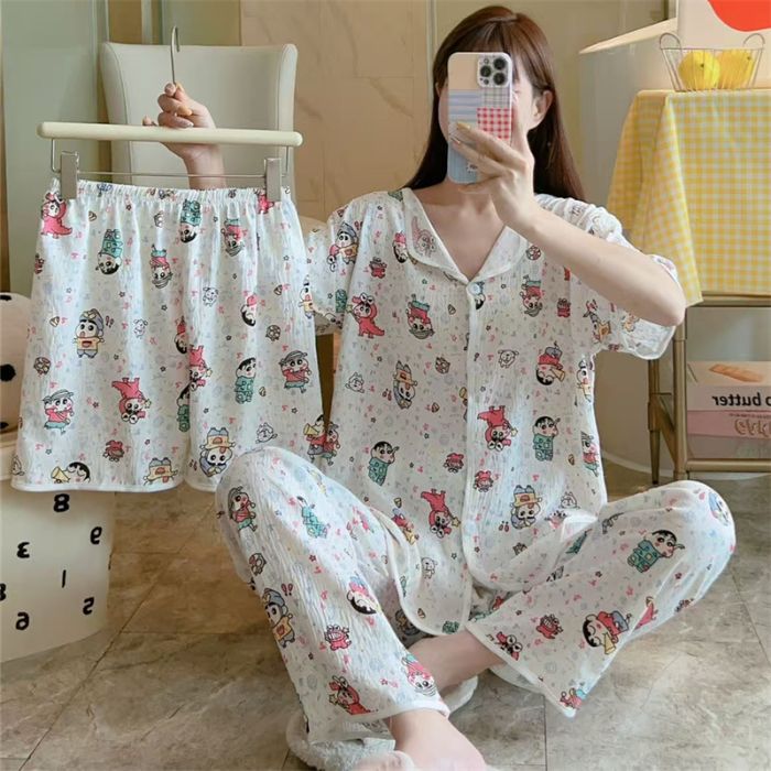 Pijamas de algodón de nube Cárdigan de tres piezas de verano para mujer Pantalones cortos de manga corta Pantalones cortos Dulce transmisión en vivo Paquete de servicio a domicilio Orden exterior