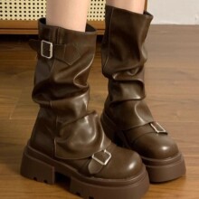 棕色百搭厚底增高马丁靴女2025年新款春秋冬季复古美拉德中筒靴子