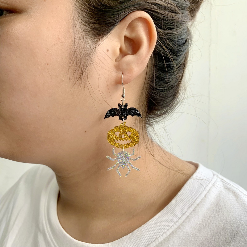 Halloween Festival Pumpkin, Insect, Bat Pattern 1 Pair Halloween Funny Pumpkin Insect Bat Arylic Drop Earrings