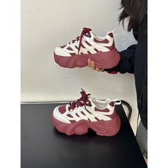BAHONGLY超火酒紅色真皮老爹鞋女ins潮2023秋冬款增高厚底運動鞋