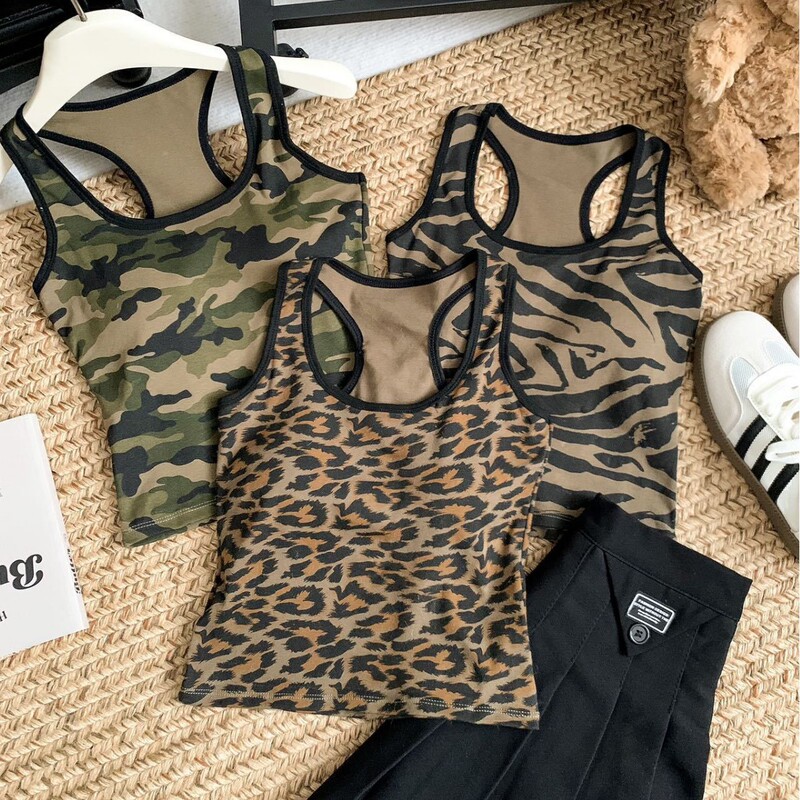 841# American Spice Girls Short Camouflage Camisole Women's Summer New Slim Fit Slimming Sweet Cool Top Trendy