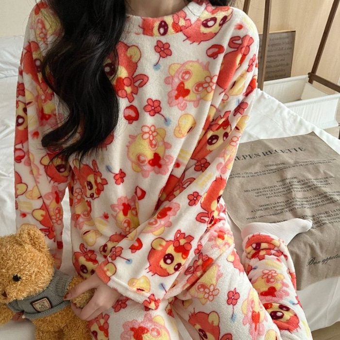 Otoño y invierno pijama de mujer punto pequeño conejo flanel engrosado dulce dibujos animados casuales manga larga cálida coral conjunto de terciopelo