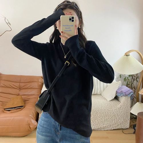 Super soft and waxy double-sided German velvet turtleneck bottoming shirt for women in autumn and winter new style Internet celebrity solid color versatile warm brushed top trendy