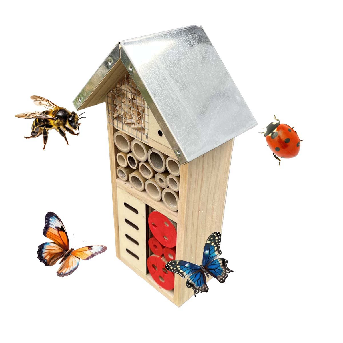 Готовый деревянный домик для насекомых, деревянный домик для пчёл и бабочек, можно повесить, домик для жуков-божьих коровок с металлической крышей, домик для насекомых.
