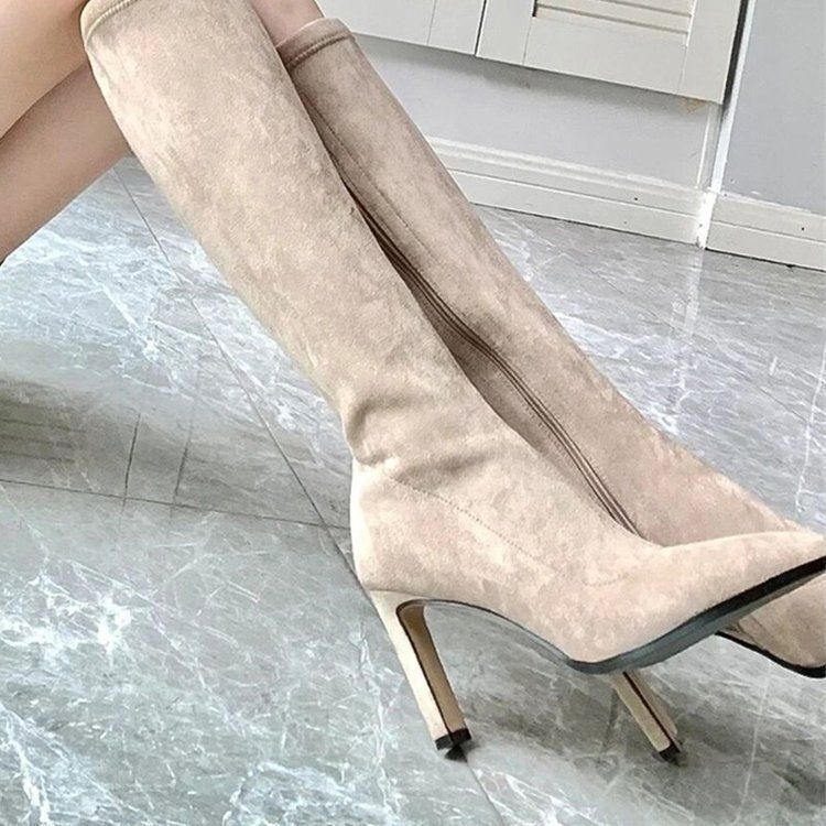 Slimming Suede Boots, Stretchy Slim Boots, High-Heeled Over-The-Knee Pointed-Toe Boots, Chunky-Heeled Long Boots for Women, Winter 2024