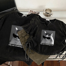 chic超火韩版bf情侣装抽绳短款T恤纯棉复古水洗做旧甜辣短袖上衣