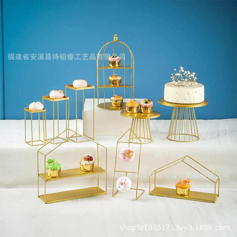 Boda creativa fiesta de cumpleaños buffet mesa de té de la tarde mesa de bebidas frías hierro forjado oro estante de pastel decoración mesa de postres image 30