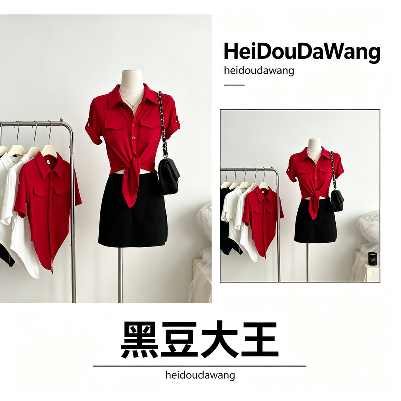Hot girl style collared mid-sleeve shirt for women, summer pure desire style, sexy tie-waist short cropped cardigan top