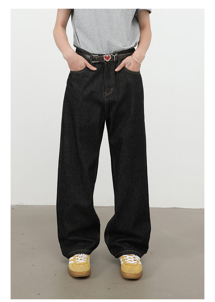 Quần jean nam ống rộng lưng giữa form suông thoải mái phong cách cơ bản — Denim đen, màu xanh denim chi tiết 6