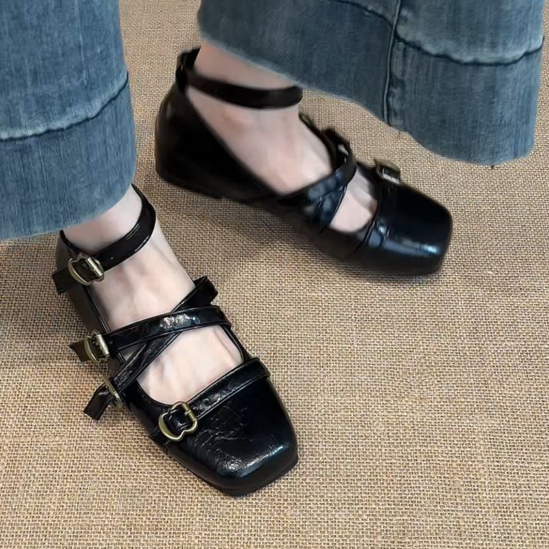 Designed French Retro Women's Square-Toe Pumps Summer Fashion Cross-Strap Belt Buckle Mary Jane Shoes