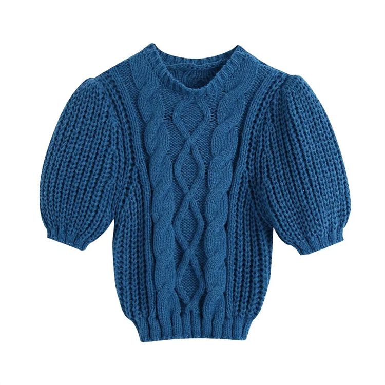 puff sleeve slim short solid color knitted sweater NSYJN118462