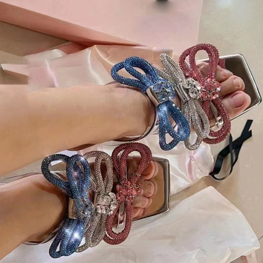 fashionable sneakers square toe with bow with rhinestones heels